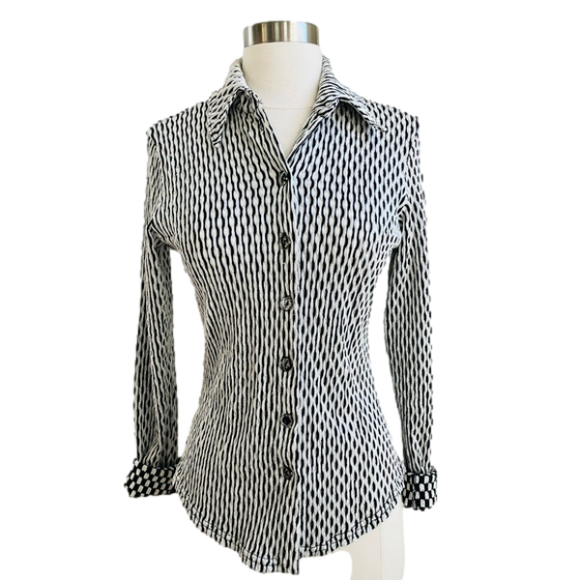 Luly K Tops - ◼️▪️1990s OP ART Luly K Textured B/W button down shirt / skinny fit Top, Sm